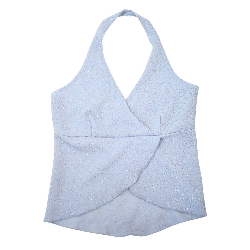 Vintage 90s/Y2K Rave Light Blue Silver Glitter Halter Tank Top L